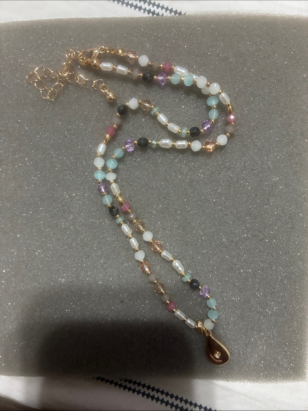 Gold Teardrop Pendant Multi-Color Beaded Necklace